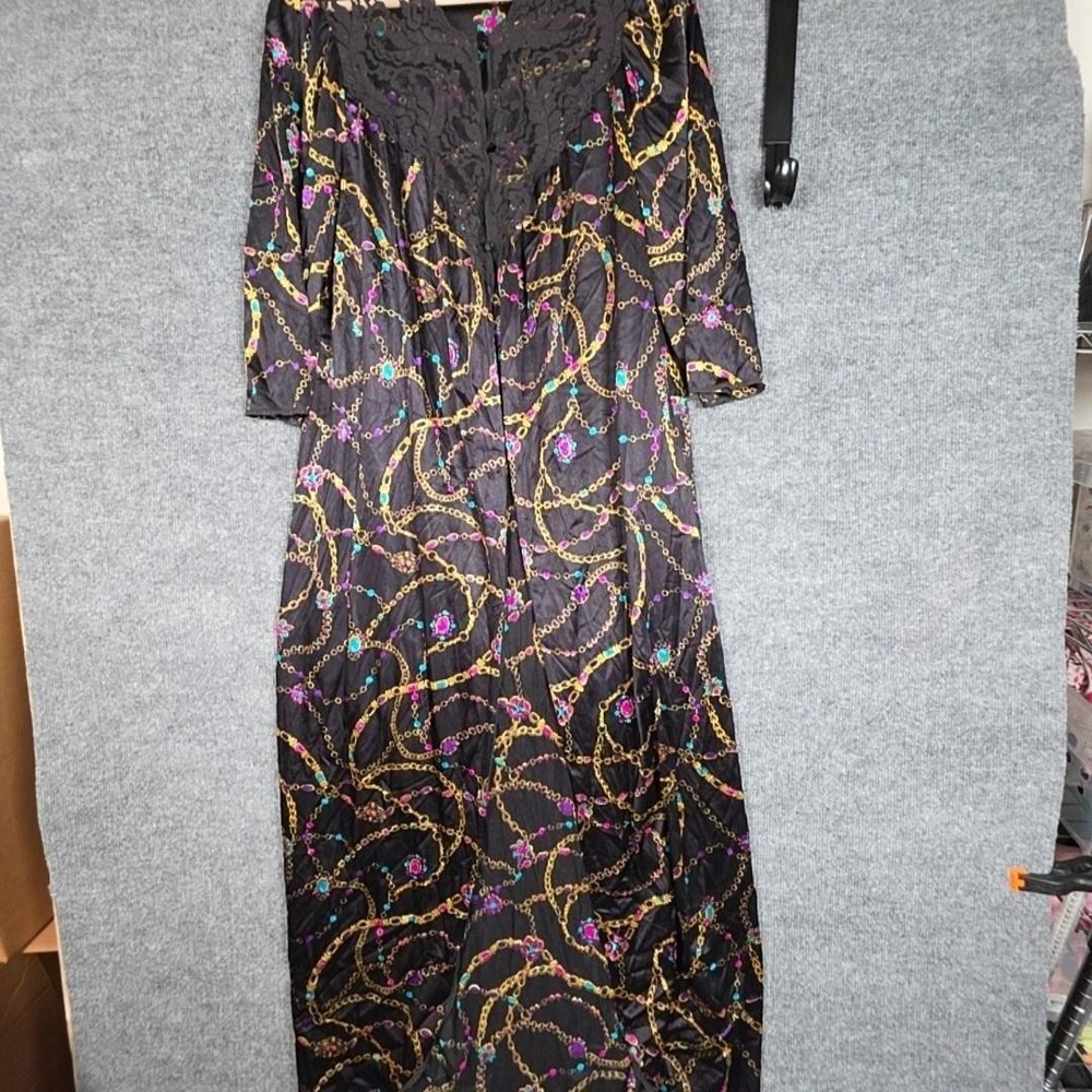 Vintage Vassarette Gown Womens Medium Black Satin Chain Jewel Print Lace Kaftan